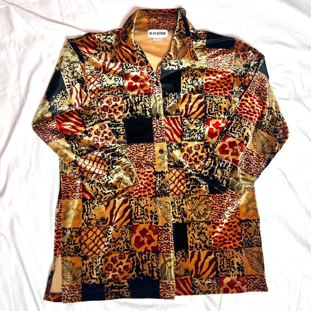 Joan Leslie Vintage Large"Velvet" Button Up Women's Fun Top Animal/Floral Print